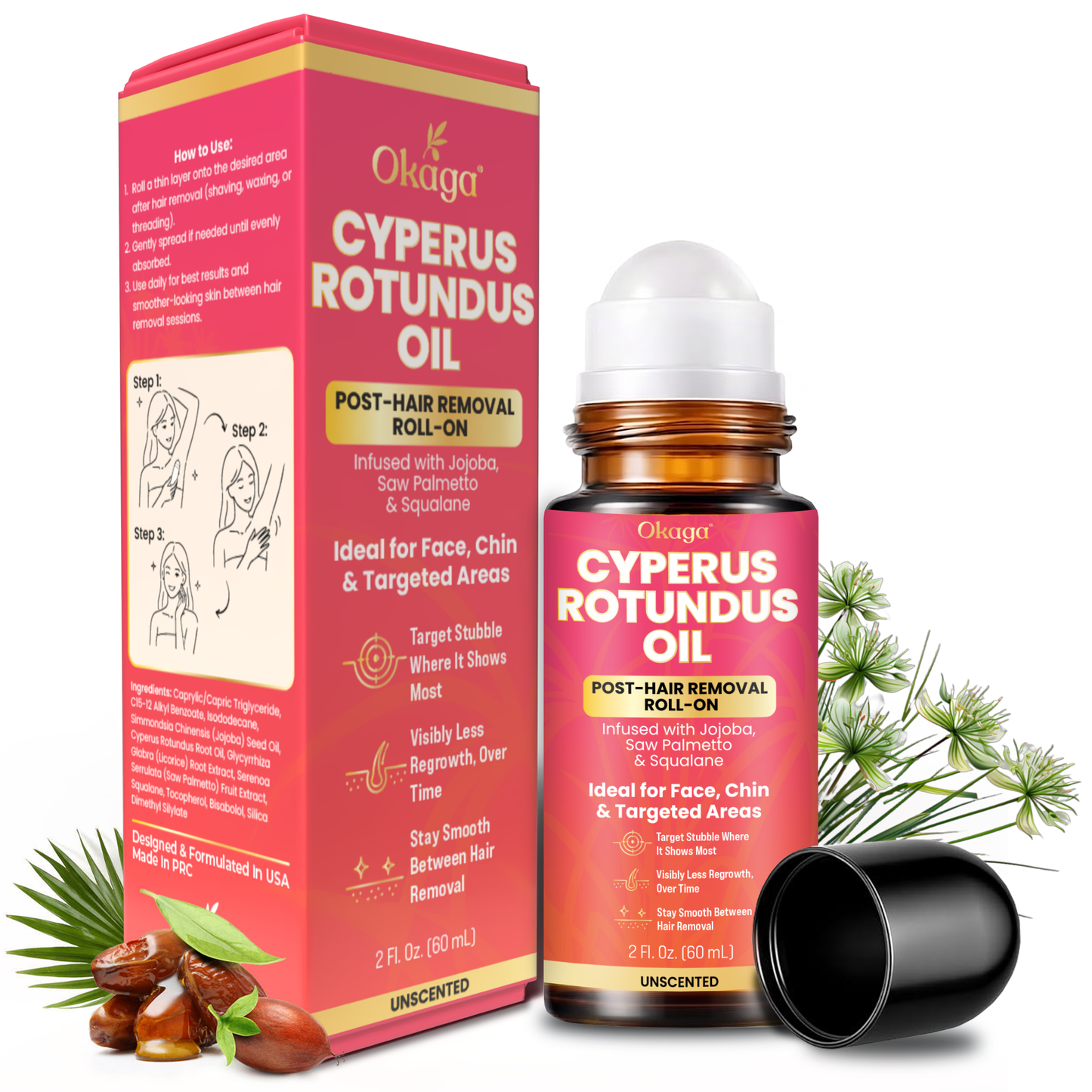 Okaga Cyperus Rotundus Oil, Infused with Jojoba, Saw Palmetto & Squalane, Natural Hair Removal Oil, Reduces Unwanted Hair Growth, Moisturizes & Soothes Skin, Roll-On Post-Wax & After-Shave Care, 60ml