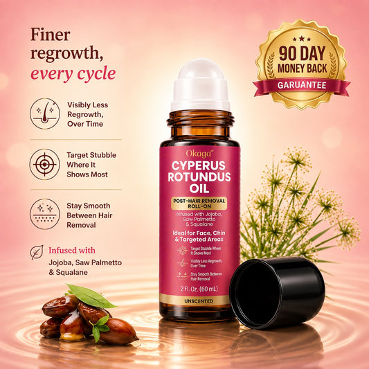 A bottle of Okago Cypress Rotundus Oil with its cap removed, set against a warm peach background with decorative herbs and a gold '90 Day Money Back Guarantee' badge. The left side features marketing text and icons.