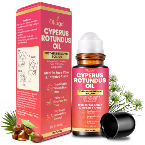 Okaga Cyperus Rotundus Oil, Infused with Jojoba, Saw Palmetto & Squalane, Natural Hair Removal Oil, Reduces Unwanted Hair Growth, Moisturizes & Soothes Skin, Roll-On Post-Wax & After-Shave Care, 60ml