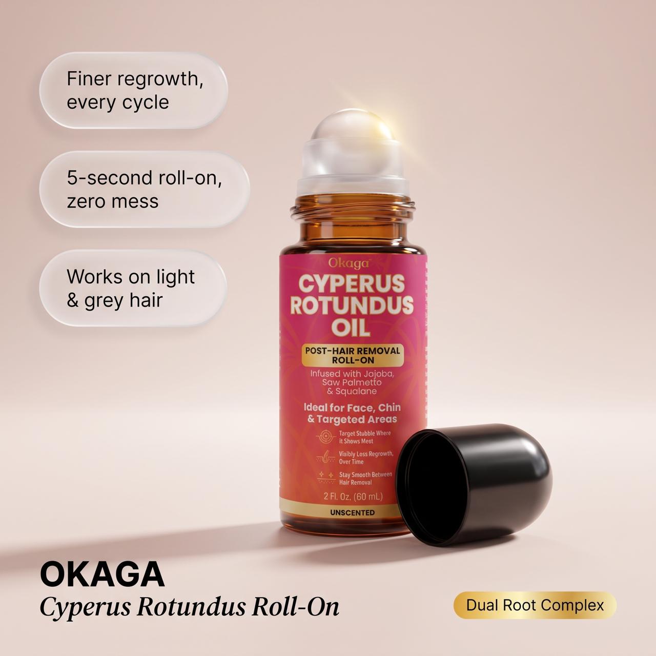 Okaga Cyperus Rotundus Oil, Infused with Jojoba, Saw Palmetto & Squalane, Natural Hair Removal Oil, Reduces Unwanted Hair Growth, Moisturizes & Soothes Skin, Roll-On Post-Wax & After-Shave Care, 60ml