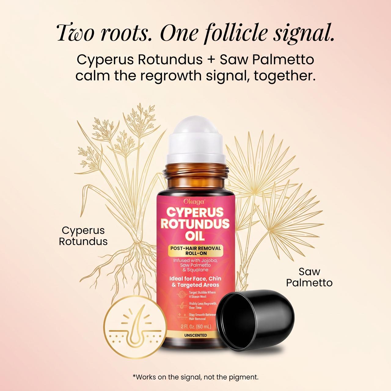Okaga Cyperus Rotundus Oil, Infused with Jojoba, Saw Palmetto & Squalane, Natural Hair Removal Oil, Reduces Unwanted Hair Growth, Moisturizes & Soothes Skin, Roll-On Post-Wax & After-Shave Care, 60ml
