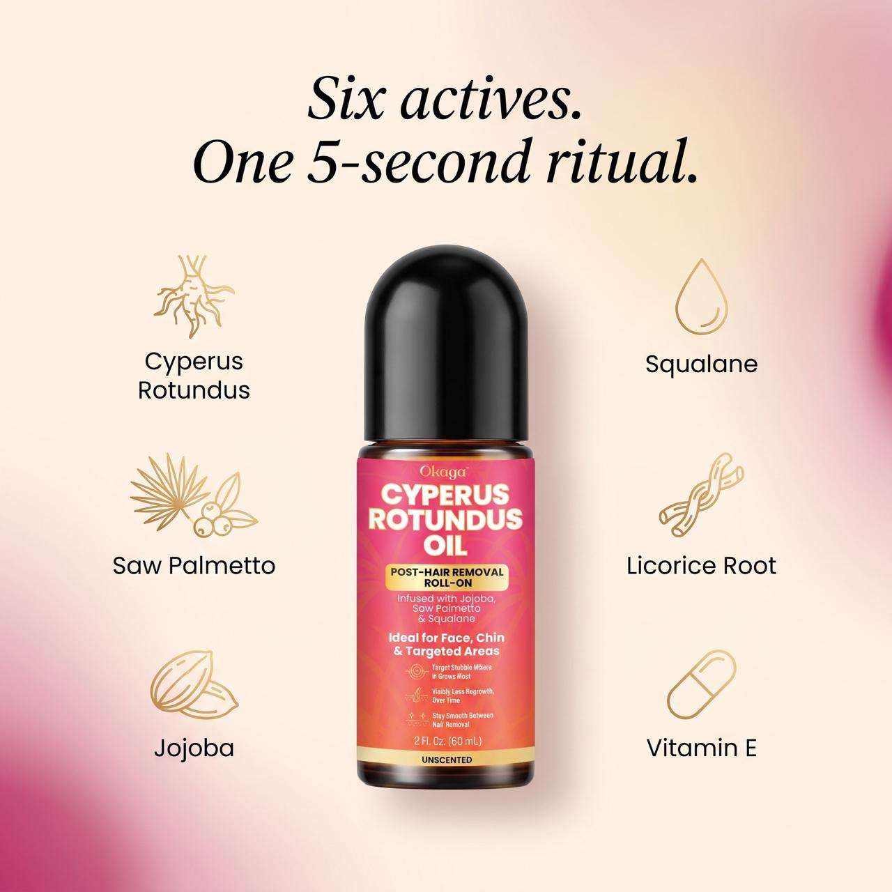 Okaga Cyperus Rotundus Oil, Infused with Jojoba, Saw Palmetto & Squalane, Natural Hair Removal Oil, Reduces Unwanted Hair Growth, Moisturizes & Soothes Skin, Roll-On Post-Wax & After-Shave Care, 60ml