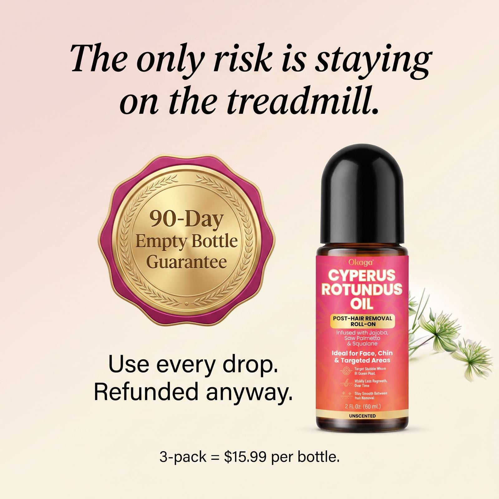 Okaga Cyperus Rotundus Oil, Infused with Jojoba, Saw Palmetto & Squalane, Natural Hair Removal Oil, Reduces Unwanted Hair Growth, Moisturizes & Soothes Skin, Roll-On Post-Wax & After-Shave Care, 60ml